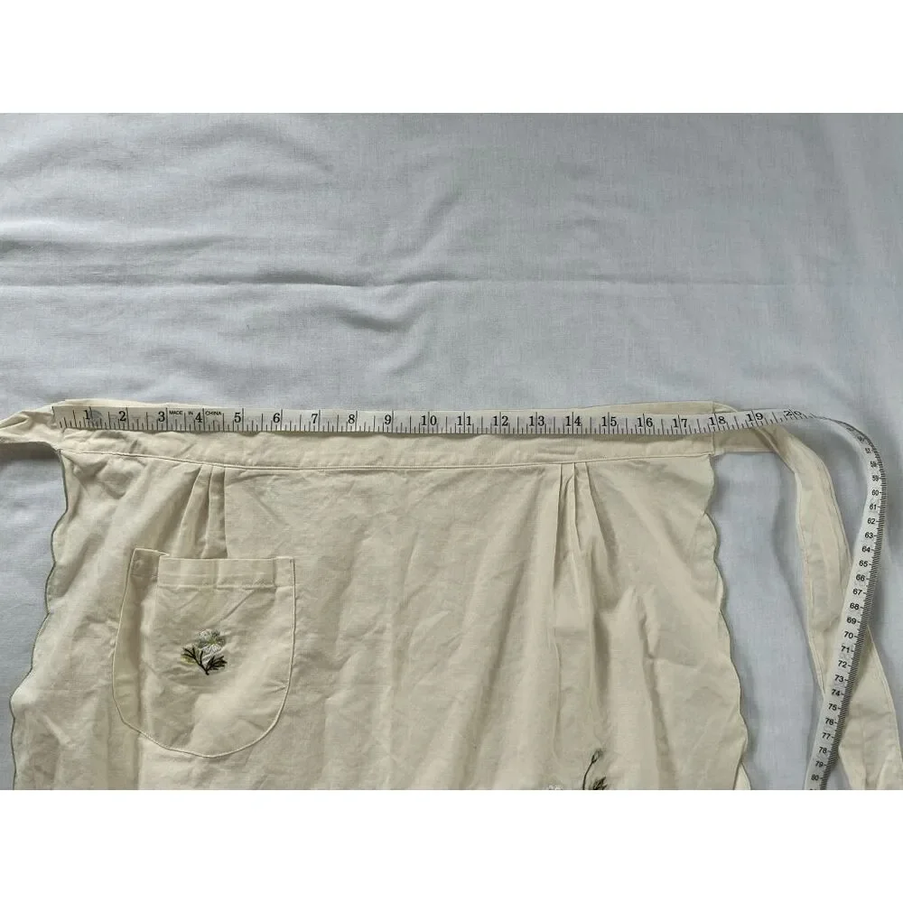 Handmade Kitchen Apron, Cream Colored, Embroidered, Pocket, Tie, Flowers,